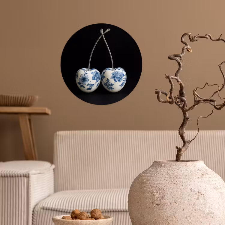 Kersen - Delfts blauw - Fruit Wandcirkel behangsticker klein -sfeer1