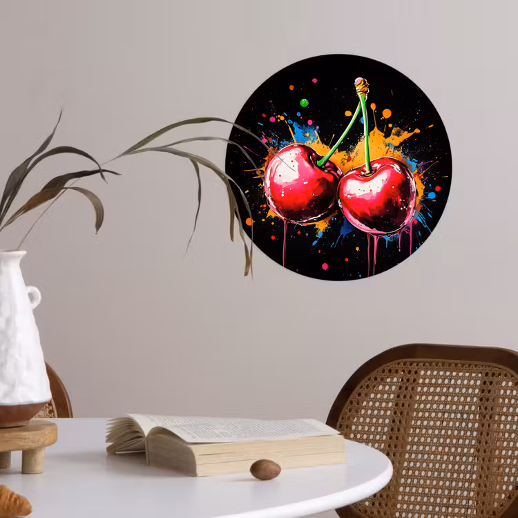 Kersen - Fruit - Graffiti - Verf - Abstract - Modern - Kleurrijk Wandcirkel behangsticker klein -sfeer3