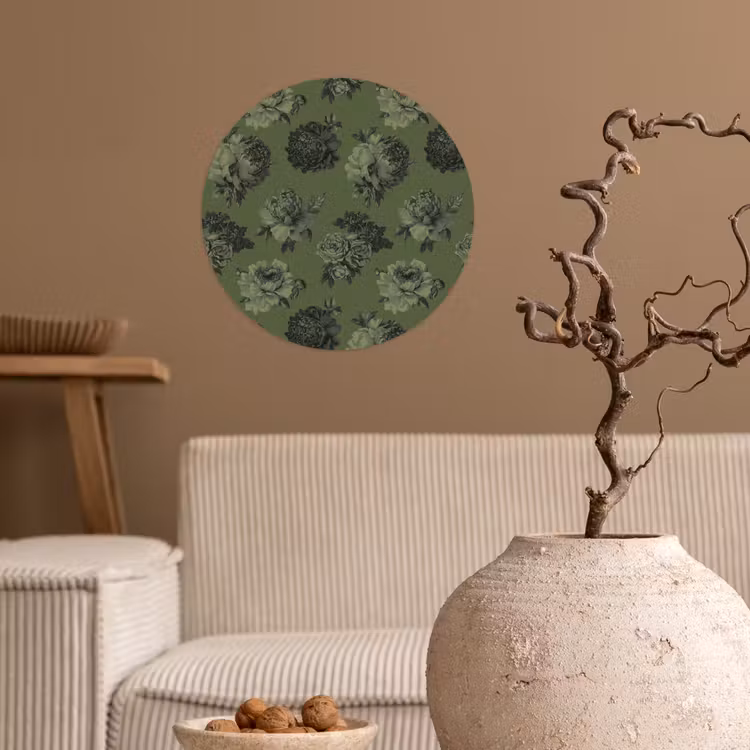 Klassiek - botanisch - olijfgroen - bloemen Wandcirkel behangsticker klein 186 -sfeer1