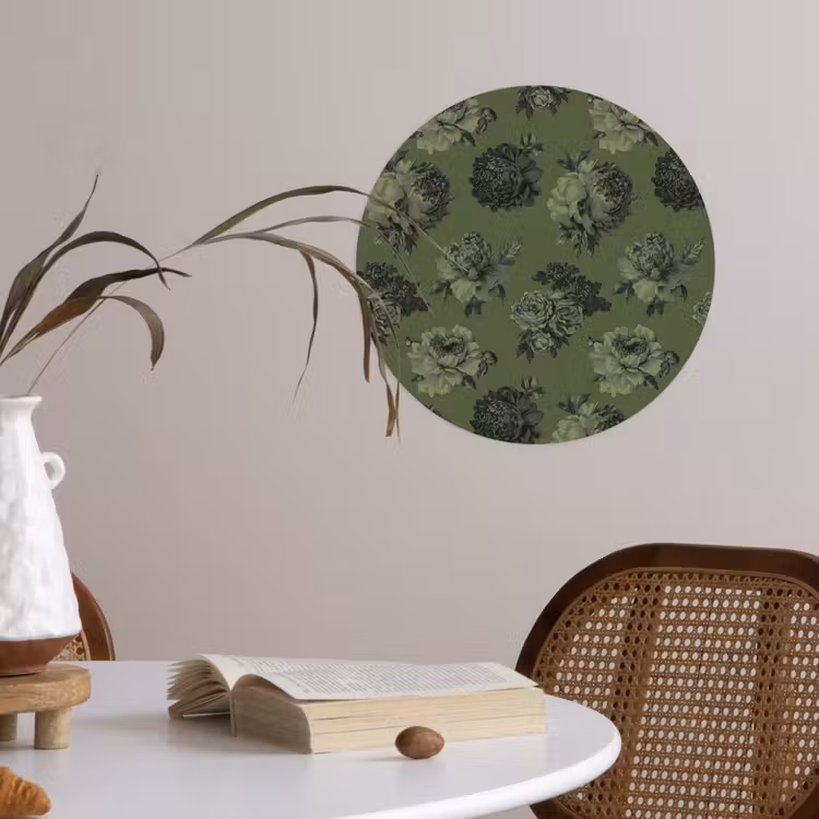 Klassiek - botanisch - olijfgroen - bloemen Wandcirkel behangsticker klein 186 -sfeer3