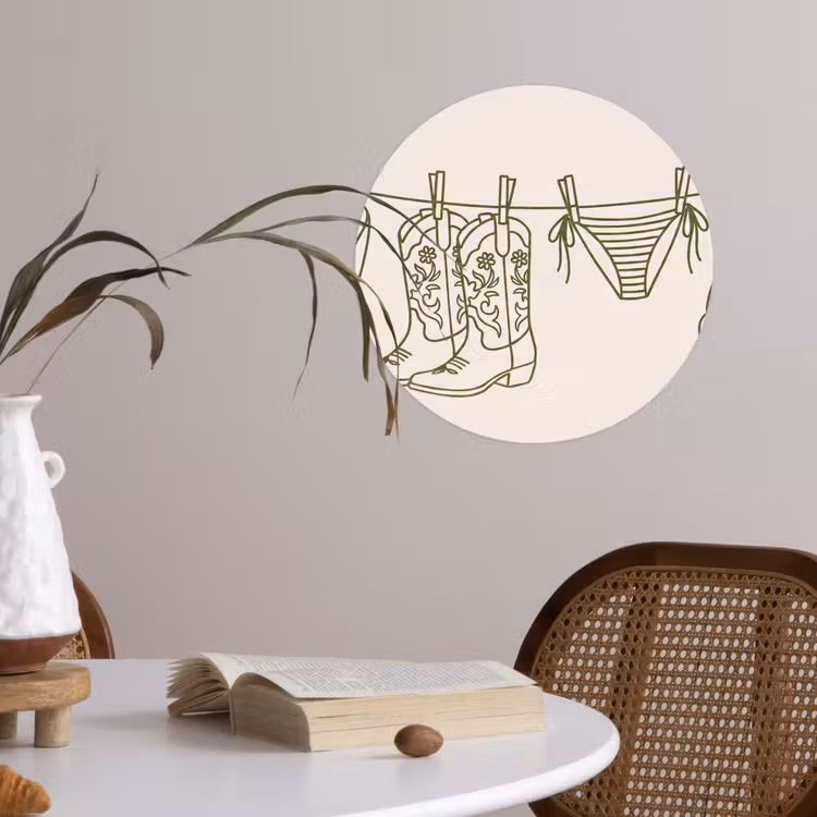 Kleding - Waslijn - Zomer - Lijntekening - Groen Wandcirkel behangsticker klein -sfeer3