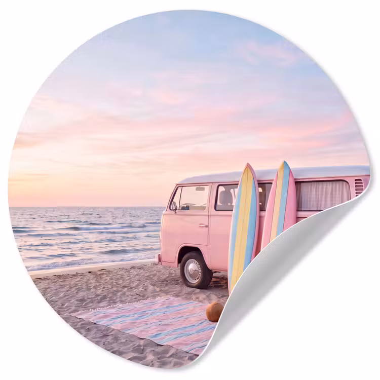 Busje - Strand - Surfplank - Zomer - Roze Wandcirkel behangsticker klein -3d