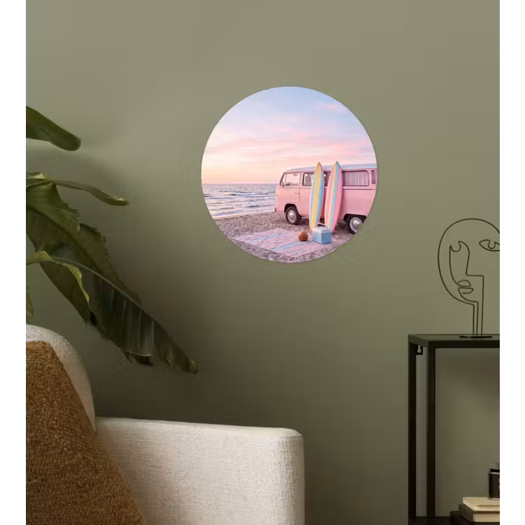 Busje - Strand - Surfplank - Zomer - Roze Wandcirkel behangsticker klein -sfeer2