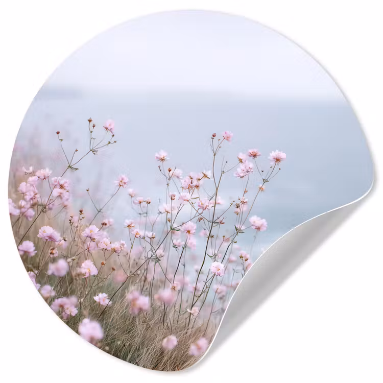 Klif - Bloemen - Zee - Roze Wandcirkel behangsticker klein -3d