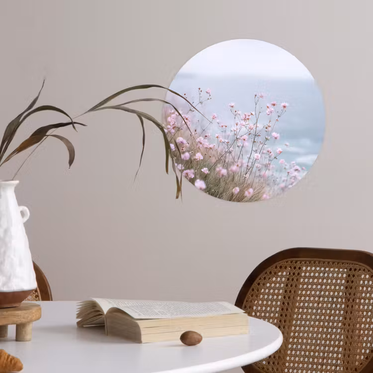 Klif - Bloemen - Zee - Roze Wandcirkel behangsticker klein -sfeer3