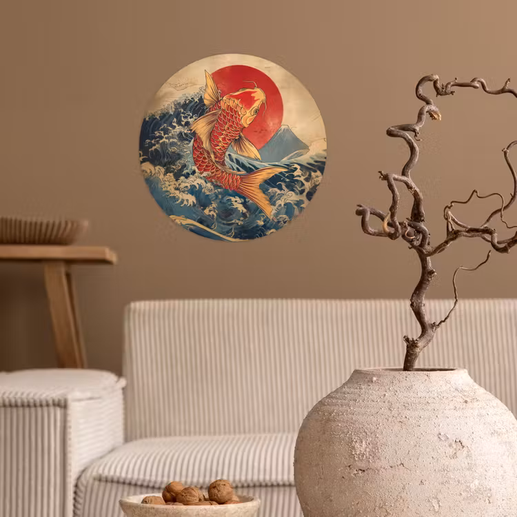 Koi - Zee - Golven - Zon Wandcirkel behangsticker klein -sfeer1