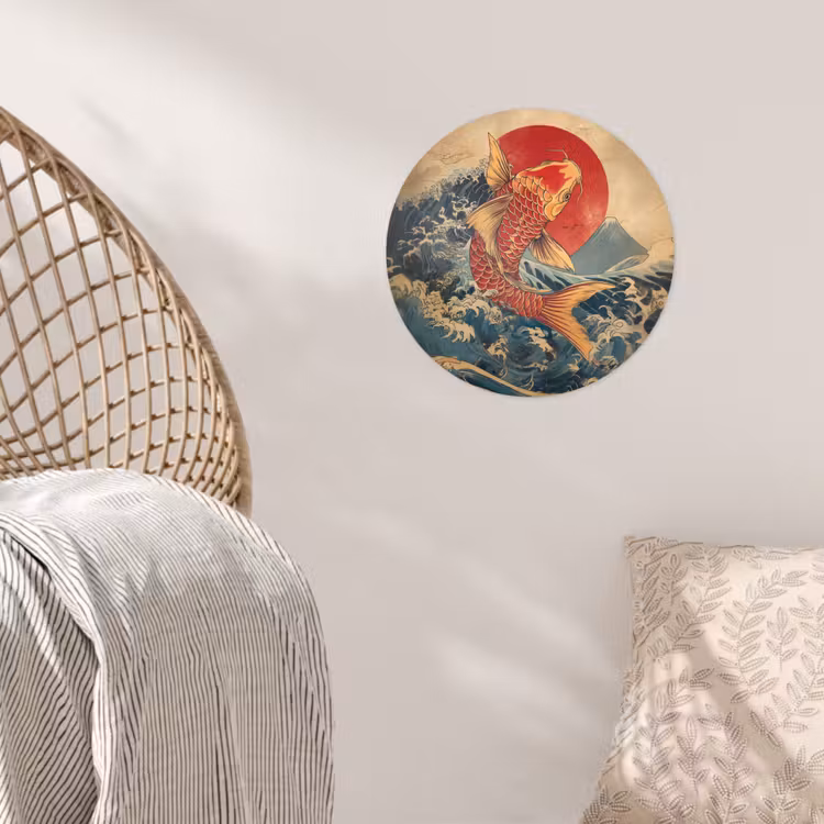 Koi - Zee - Golven - Zon Wandcirkel behangsticker klein -sfeer4