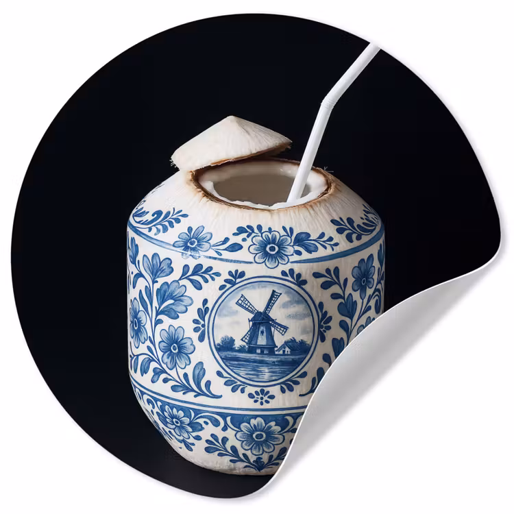 Kokosnoot - Eten - Delfts blauw - Drinken Wandcirkel behangsticker klein -3d