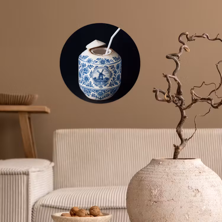 Kokosnoot - Eten - Delfts blauw - Drinken Wandcirkel behangsticker klein -sfeer1