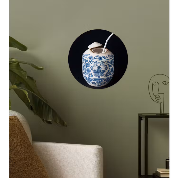 Kokosnoot - Eten - Delfts blauw - Drinken Wandcirkel behangsticker klein -sfeer2