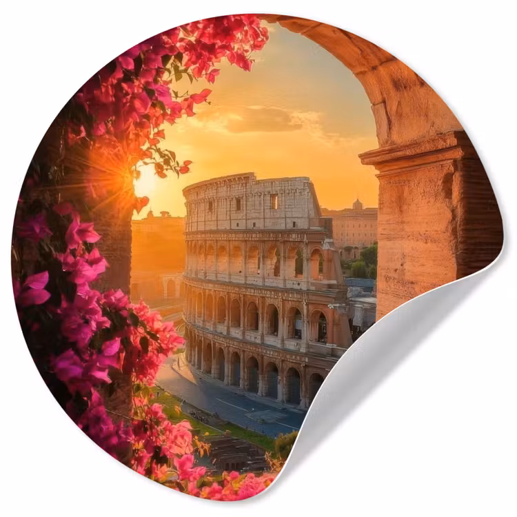 Colosseum - Rome - Roze Bloemen Wandcirkel behangsticker klein -3d
