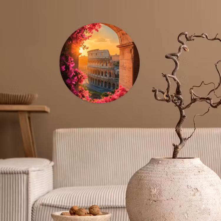 Colosseum - Rome - Roze Bloemen Wandcirkel behangsticker klein -sfeer1