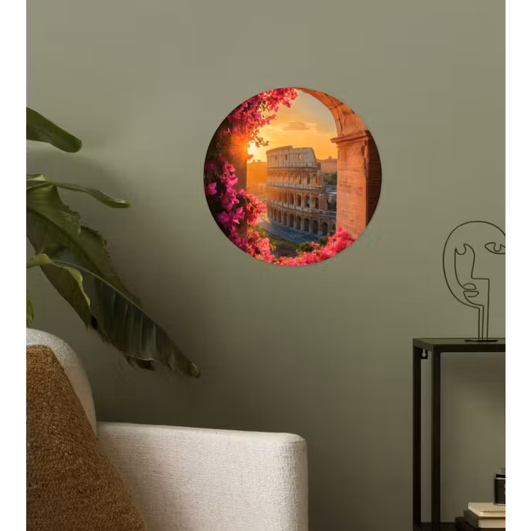 Colosseum - Rome - Roze Bloemen Wandcirkel behangsticker klein -sfeer2
