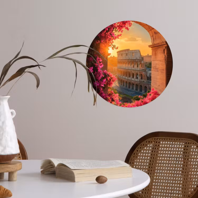 Colosseum - Rome - Roze Bloemen Wandcirkel behangsticker klein -sfeer3