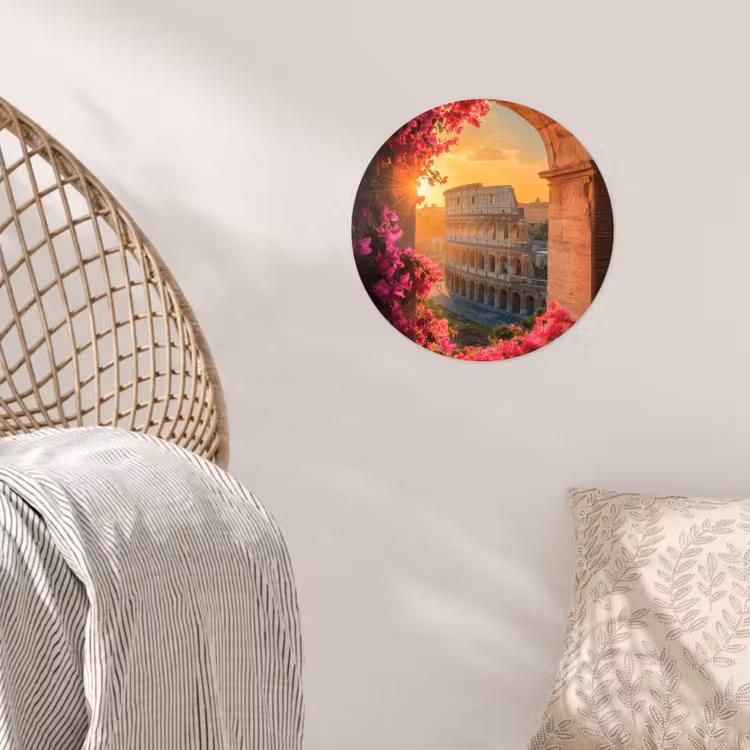 Colosseum - Rome - Roze Bloemen Wandcirkel behangsticker klein -sfeer4