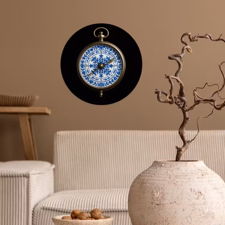 Kompas - Delfts blauw - Zwart Wandcirkel behangsticker klein -sfeer1
