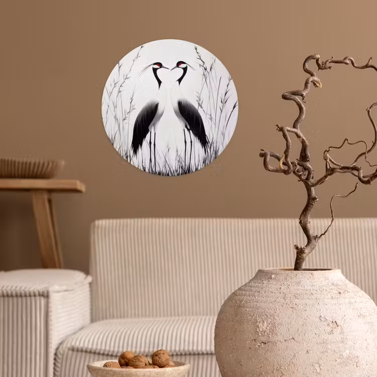 Kraanvogels - Gras - Hartvorm - Zwart Wandcirkel behangsticker klein -sfeer1