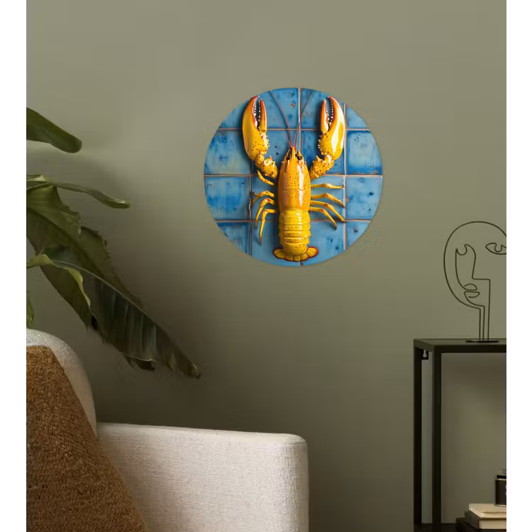 Kreeft - Geel - Blauw - Tegels Wandcirkel behangsticker klein -sfeer2