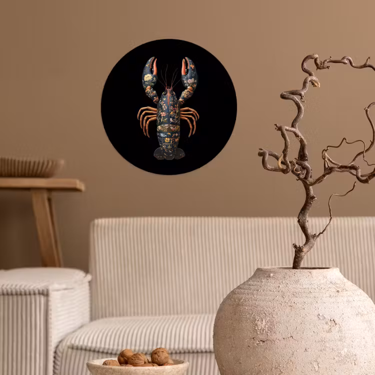 Kreeft - Zwart - Bloemenpatroon - Artistiek Wandcirkel behangsticker klein -sfeer1