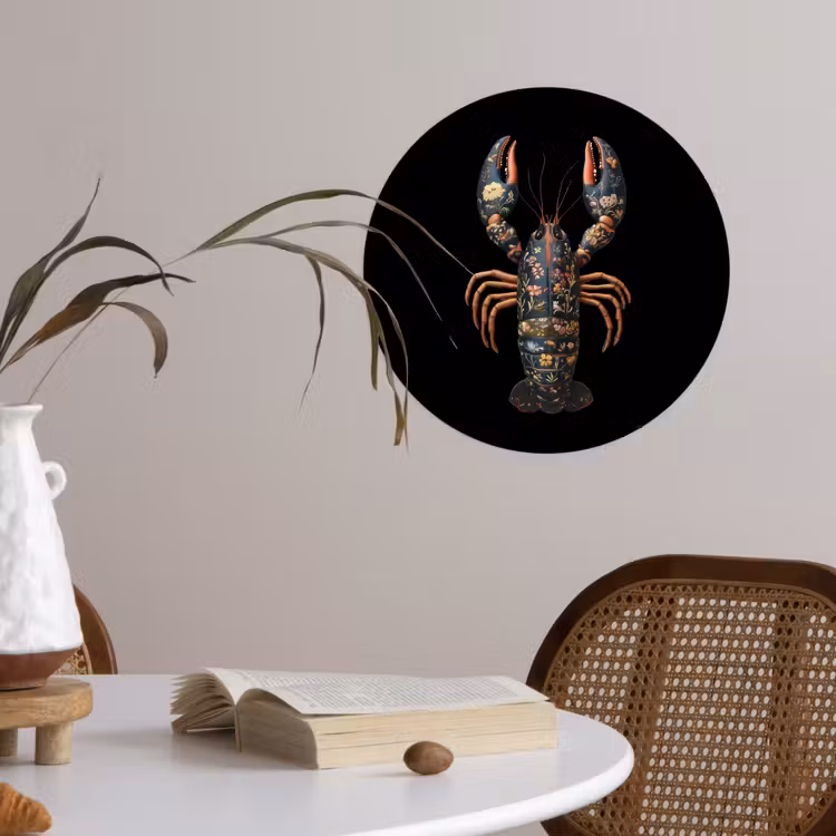 Kreeft - Zwart - Bloemenpatroon - Artistiek Wandcirkel behangsticker klein -sfeer3