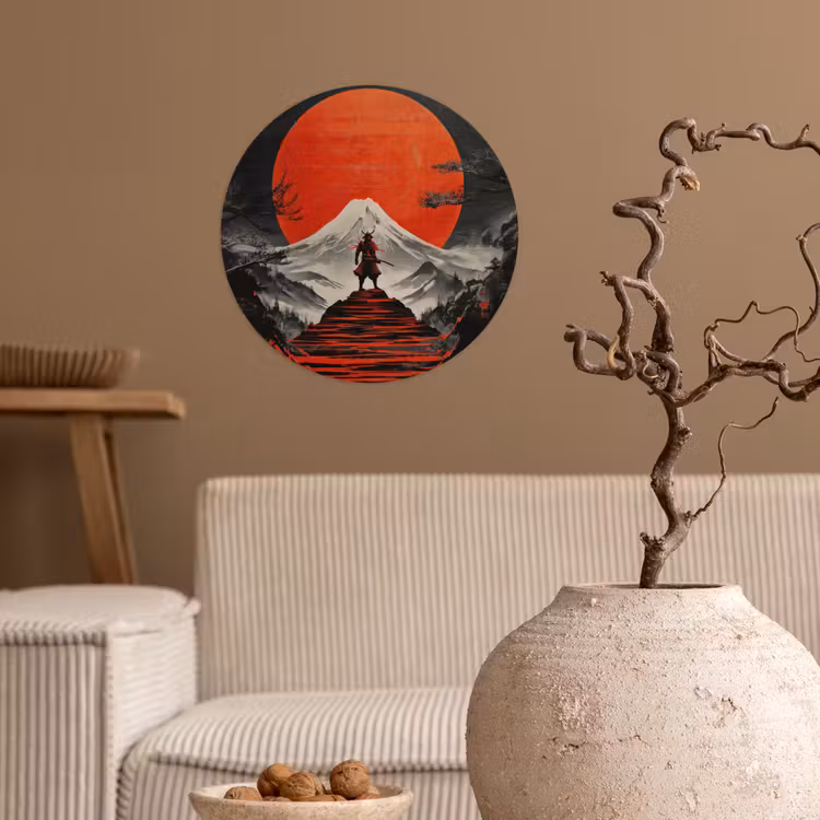 Krijger - Rode trappen - Zon - Berg Wandcirkel behangsticker klein -sfeer1