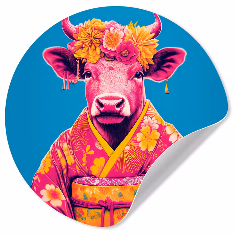 Koe - Bloemenkrans - Oorhangers - Kimono Wandcirkel behangsticker klein -3d