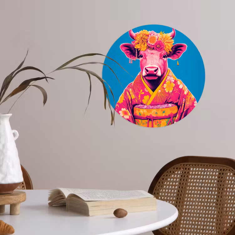 Koe - Bloemenkrans - Oorhangers - Kimono Wandcirkel behangsticker klein -sfeer3