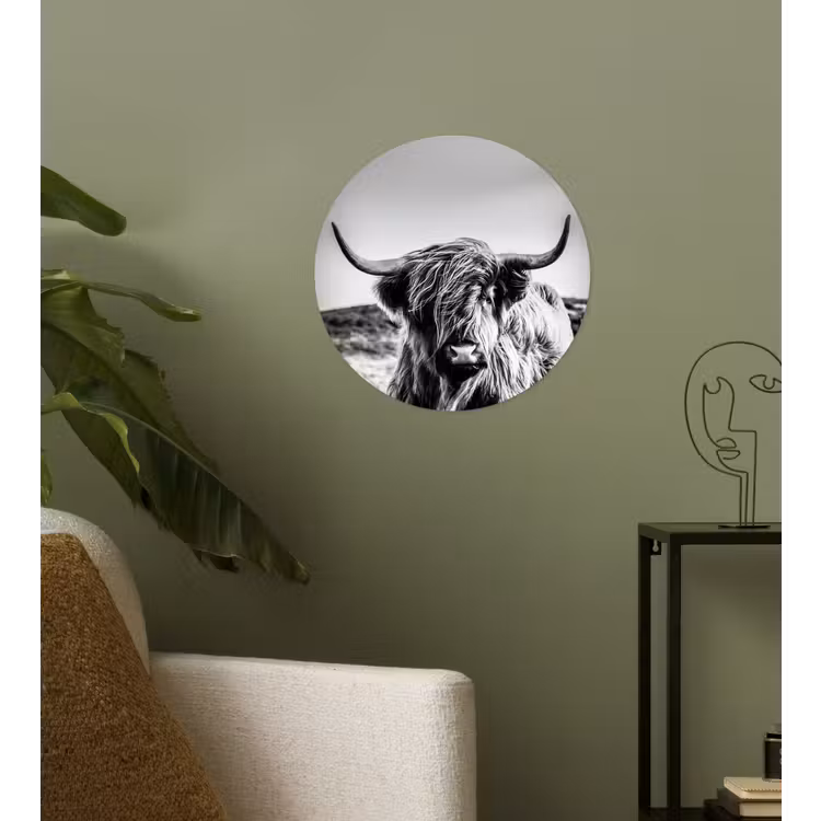 Koe - Schotse hooglander - Zwart - Wit - Dier - Natuur - Wild Wandcirkel behangsticker klein -sfeer2