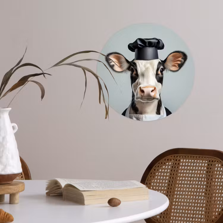 Koe - Zwart - Wit - Kok Wandcirkel behangsticker klein -sfeer3