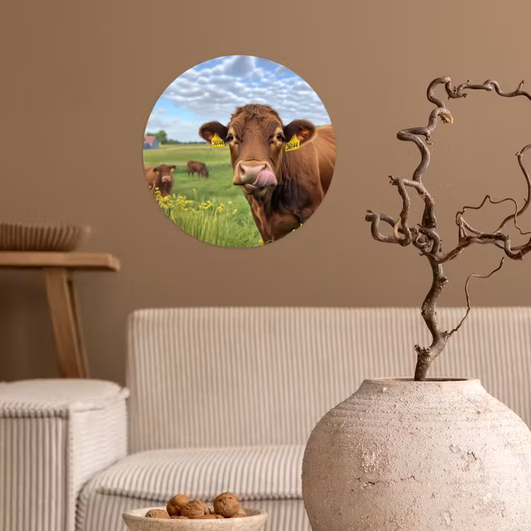 Koe - Weide - Bloemen Wandcirkel behangsticker klein -sfeer1