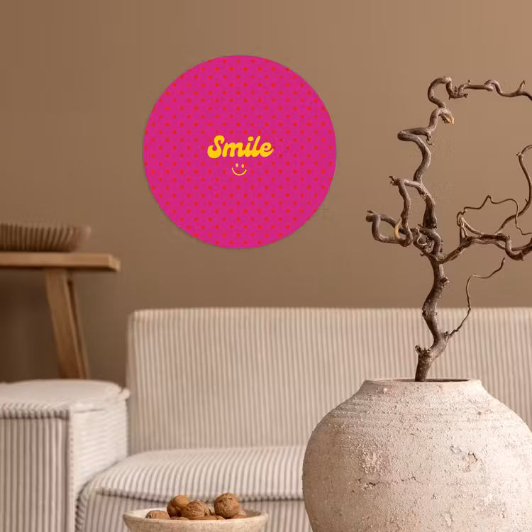 Smile - Stippen - Geel - Smiley - Roze Wandcirkel behangsticker klein -sfeer1