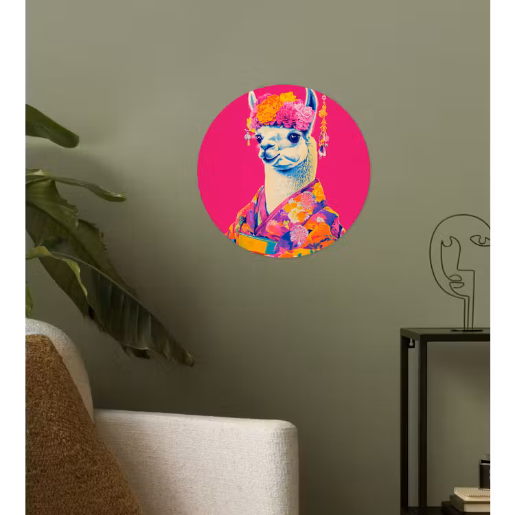 Lama - Kimono - Bloemenkrans - Felroze Wandcirkel behangsticker klein -sfeer2
