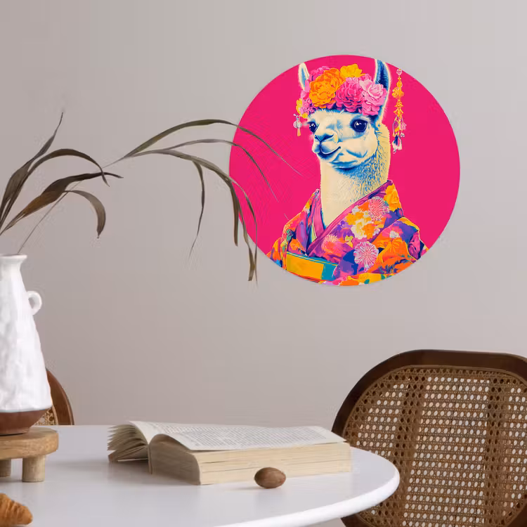 Lama - Kimono - Bloemenkrans - Felroze Wandcirkel behangsticker klein -sfeer3