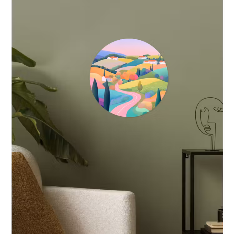 Landschap - Paars - Pastel - Huizen Wandcirkel behangsticker klein -sfeer2