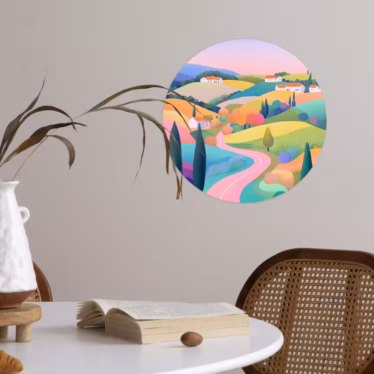 Landschap - Paars - Pastel - Huizen Wandcirkel behangsticker klein -sfeer3