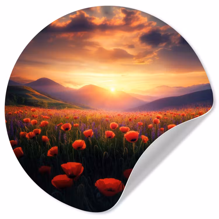 Landschap - Zonsondergang - Bloemenveld Wandcirkel behangsticker klein -3d