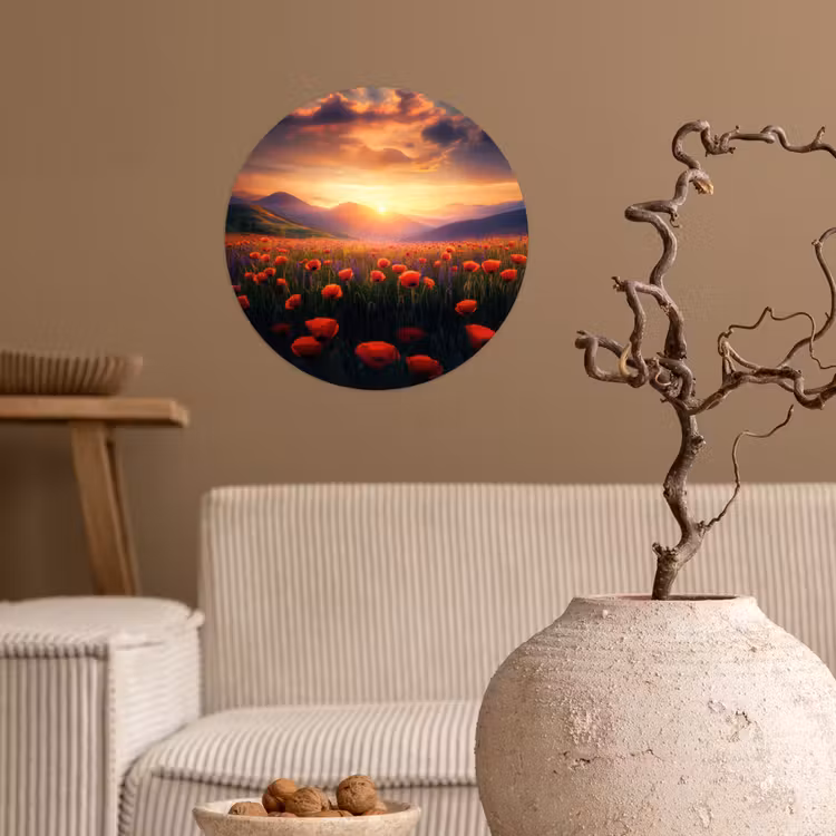 Landschap - Zonsondergang - Bloemenveld Wandcirkel behangsticker klein -sfeer1
