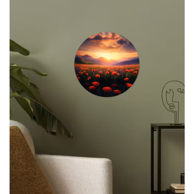 Landschap - Zonsondergang - Bloemenveld Wandcirkel behangsticker klein -sfeer2