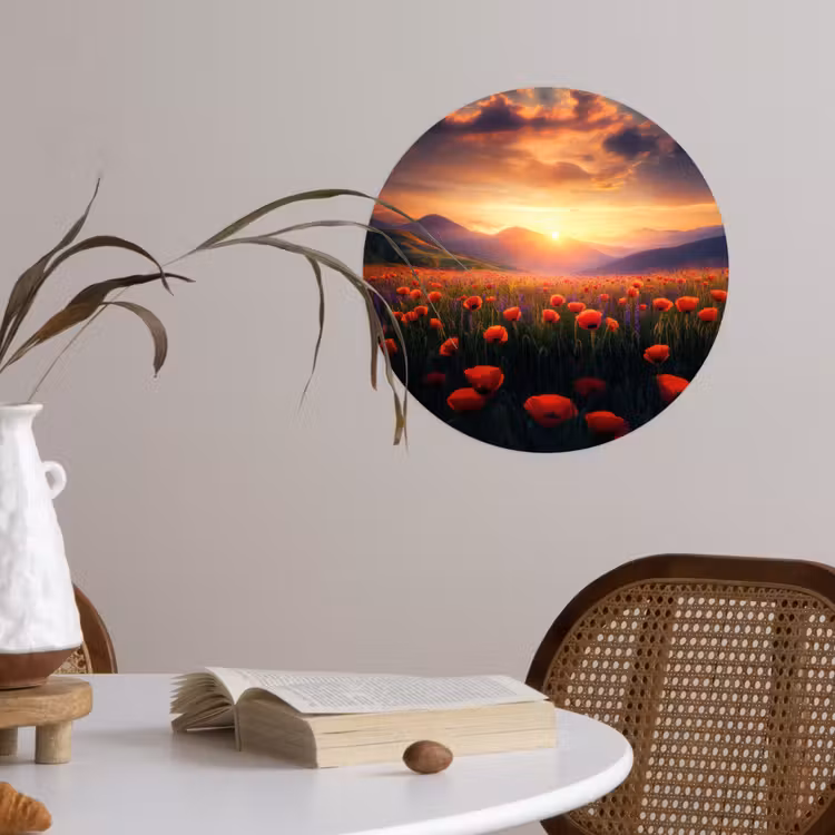 Landschap - Zonsondergang - Bloemenveld Wandcirkel behangsticker klein -sfeer3
