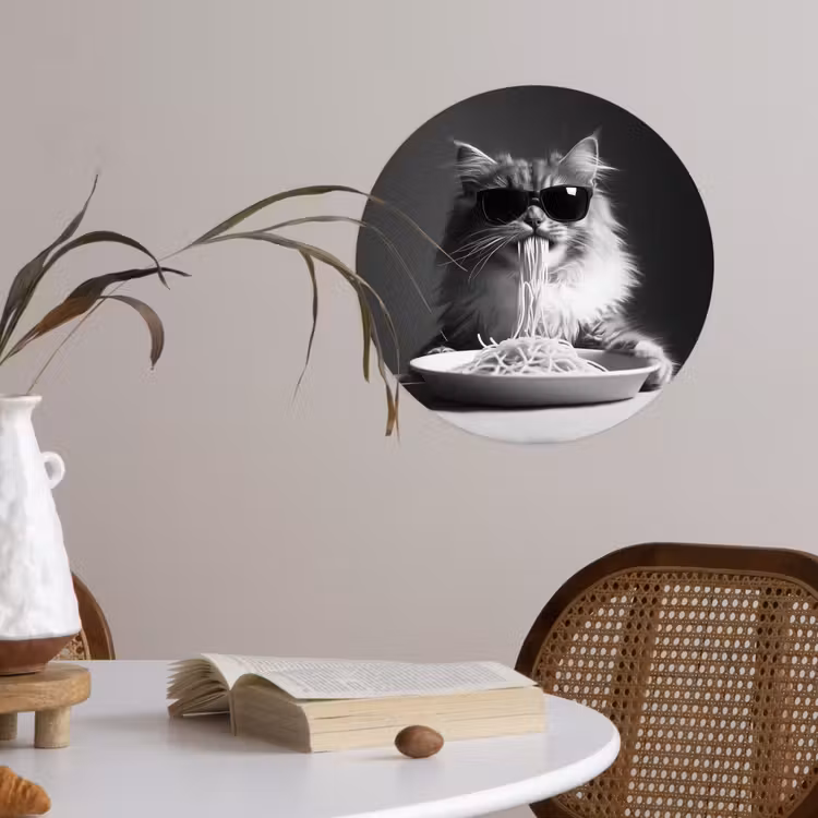 Langharige kat - Zonnebril - Spaghetti - Humor - Zwart - wit Wandcirkel behangsticker klein -sfeer3