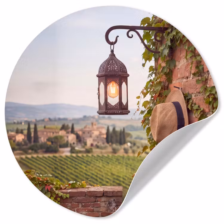 Lantaarn - Wijngaard - Landschap - Italiaans Wandcirkel behangsticker klein -3d