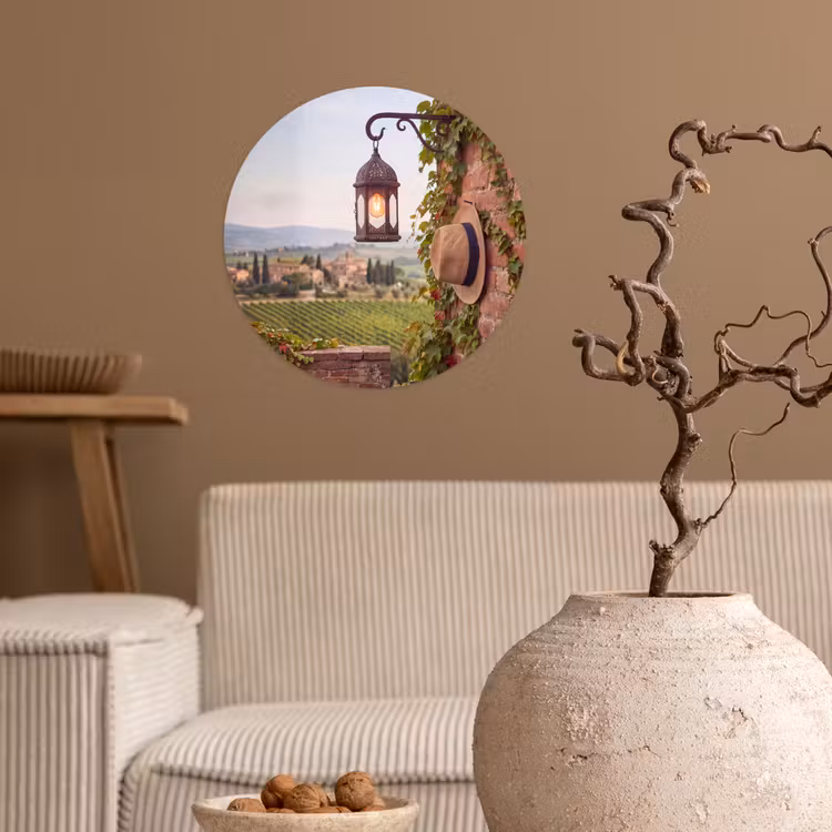 Lantaarn - Wijngaard - Landschap - Italiaans Wandcirkel behangsticker klein -sfeer1
