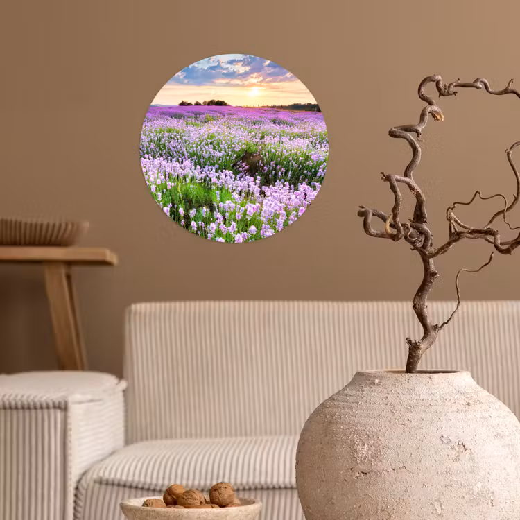 Lavendel - Bloemen - Zonsondergang - Paars - Weide Wandcirkel behangsticker klein -sfeer1