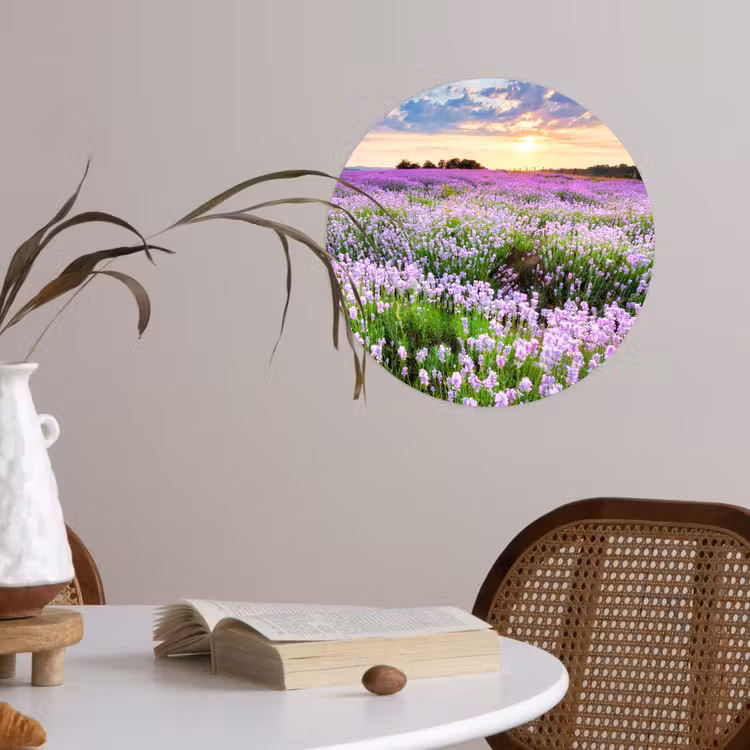 Lavendel - Bloemen - Zonsondergang - Paars - Weide Wandcirkel behangsticker klein -sfeer3