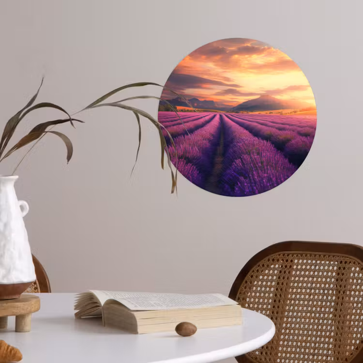 Lavendelveld - Zonsondergang - Paars Wandcirkel behangsticker klein -sfeer3