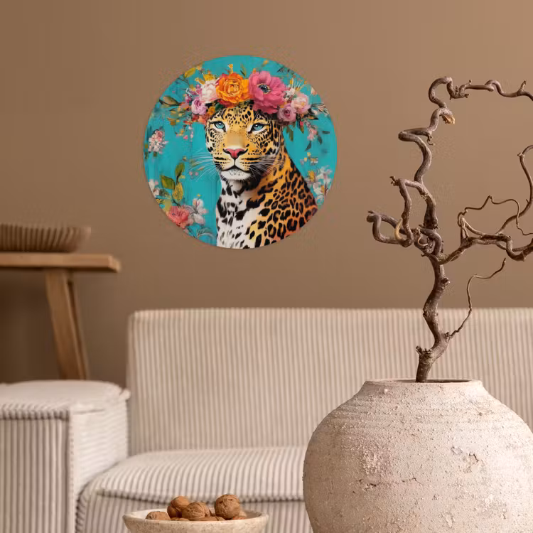 Luipaard - Bloemen - Kroon Wandcirkel behangsticker klein -sfeer1