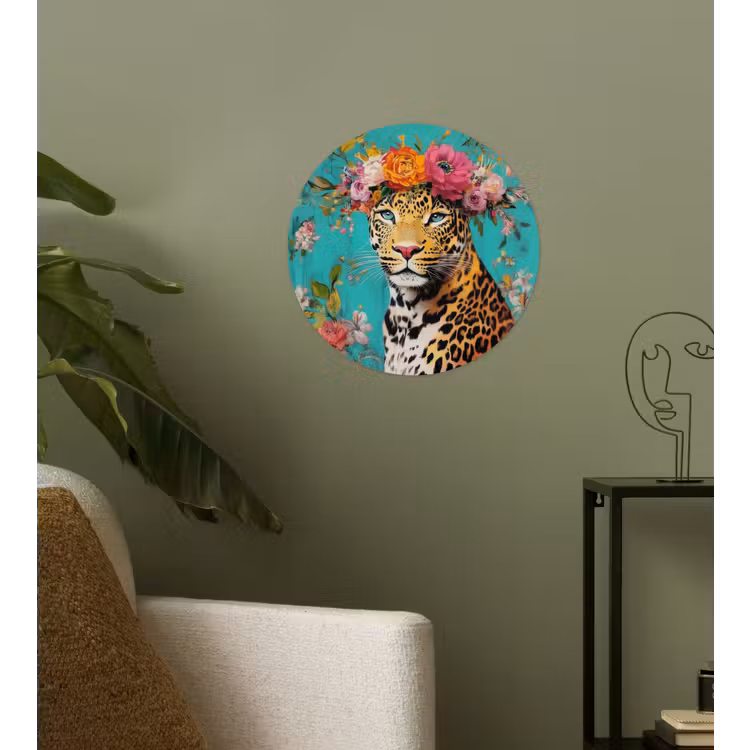Luipaard - Bloemen - Kroon Wandcirkel behangsticker klein -sfeer2