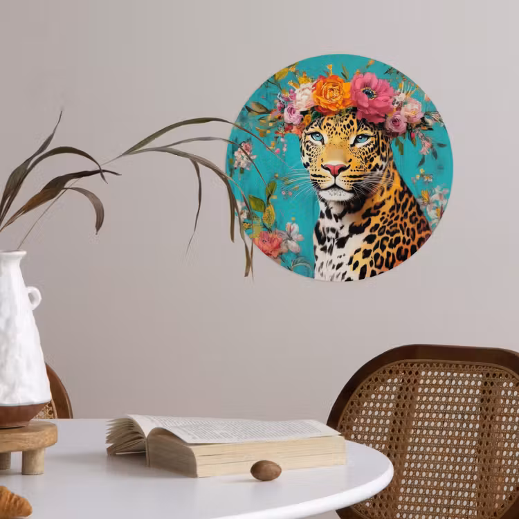 Luipaard - Bloemen - Kroon Wandcirkel behangsticker klein -sfeer3