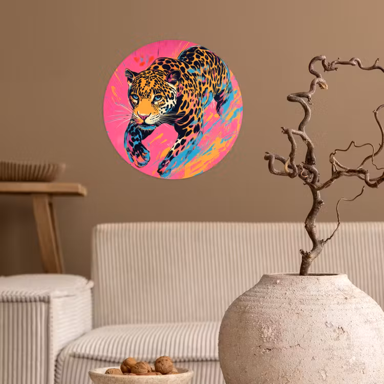Luipaard - Roze - Oranje - Blauw - Verf Wandcirkel behangsticker klein -sfeer1