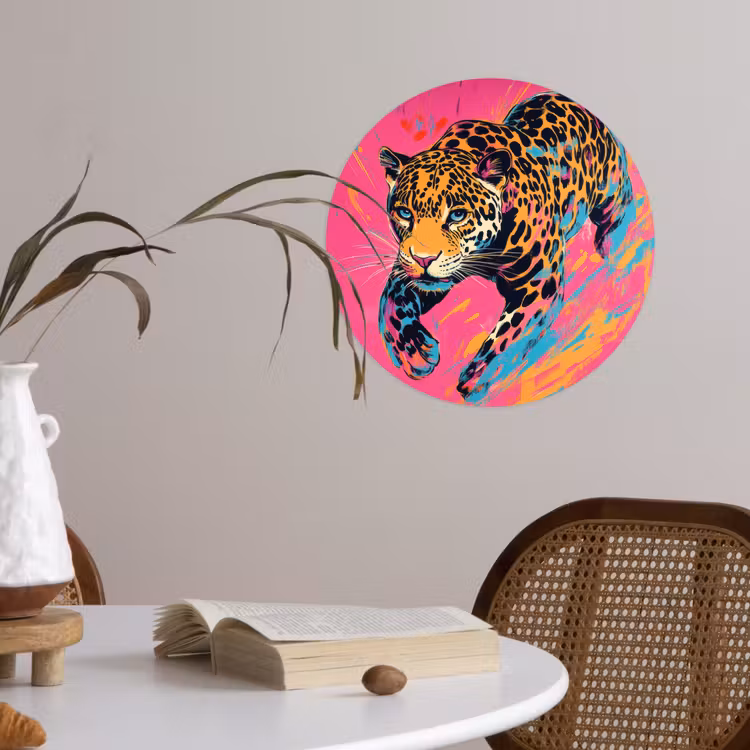 Luipaard - Roze - Oranje - Blauw - Verf Wandcirkel behangsticker klein -sfeer3
